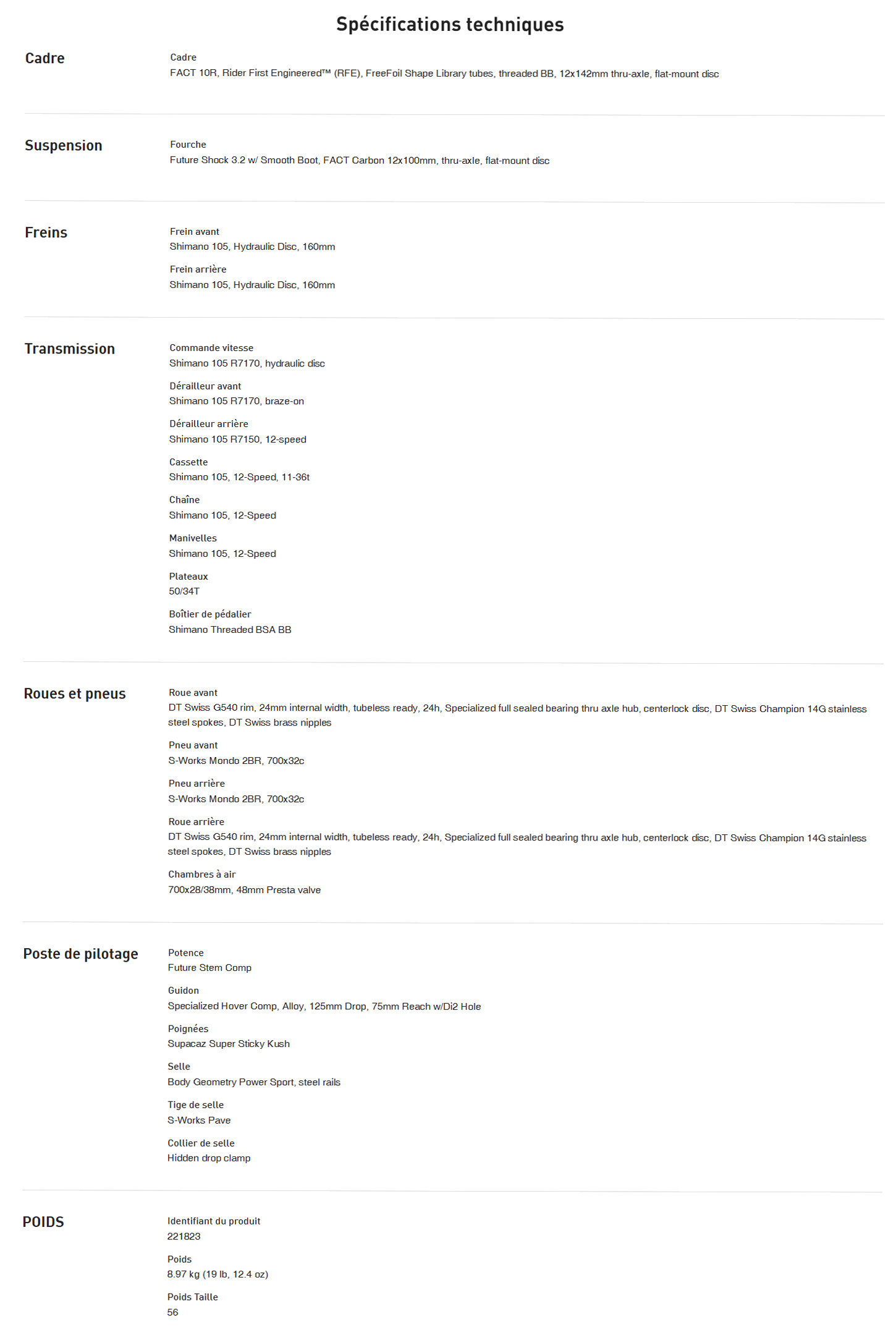 Caracteristique technique du Vélo Roubaix SL8 Comp année 2025